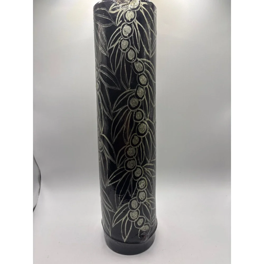Handcraft Etched Bamboo Cylinder Vase Black Lacquer Botanical Leaf Berry Design